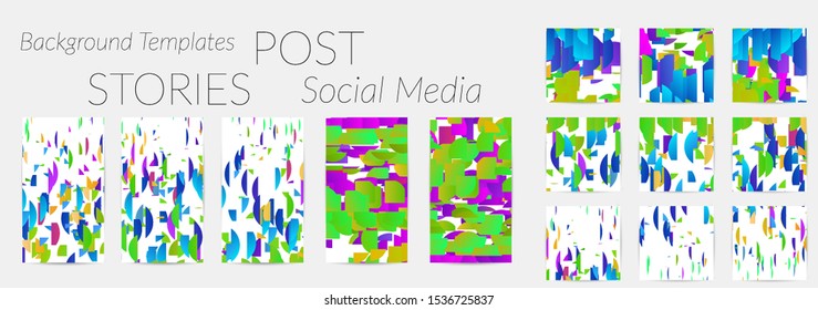 Creative backgrounds for social media. Editable story templates. Bright colored with gradient stripes or small particles promotional backgrounds for social media apps. Glitch effect.