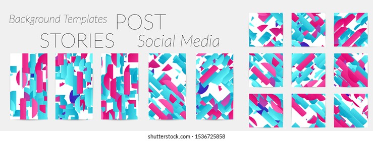 Creative backgrounds for social media. Editable story templates. Bright colored with gradient stripes or small particles promotional backgrounds for social media apps. Glitch effect.