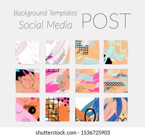 Creative backgrounds for social media. Editable story templates. Bright colored with hand drawn scribbles promotional backgrounds for social media apps.