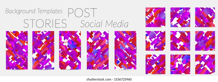 Creative backgrounds for social media. Editable story templates. Bright colored with gradient stripes or small particles promotional backgrounds for social media apps. Glitch effect.