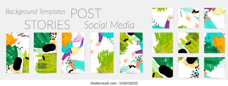 Creative backgrounds for social media. Editable story templates. Bright colored with hand drawn scribbles promotional backgrounds for social media apps.