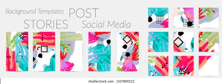 Creative backgrounds for social media. Editable story templates. Bright colored with hand drawn scribbles promotional backgrounds for social media apps.