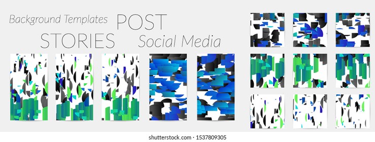 Creative backgrounds for social media. Editable story templates. Bright colored with gradient stripes or small particles promotional backgrounds for social media apps. Glitch effect.