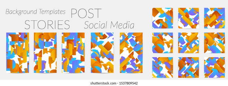 Creative backgrounds for social media. Editable story templates. Bright colored with gradient stripes or small particles promotional backgrounds for social media apps. Glitch effect.