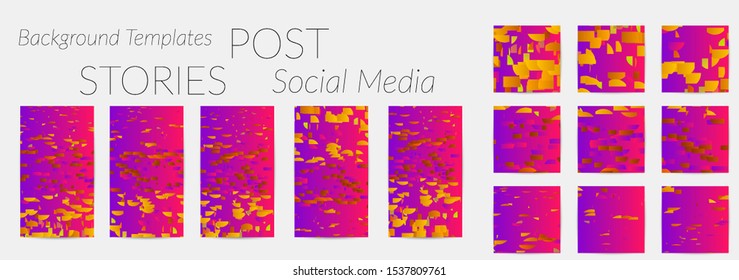 Creative backgrounds for social media. Editable story templates. Bright colored with gradient stripes or small particles promotional backgrounds for social media apps. Glitch effect.