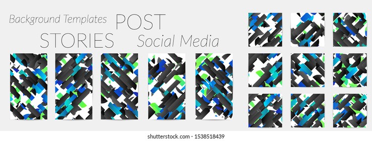 Creative backgrounds for social media. Editable story templates. Bright colored with gradient stripes or small particles promotional backgrounds for social media apps. Glitch effect.