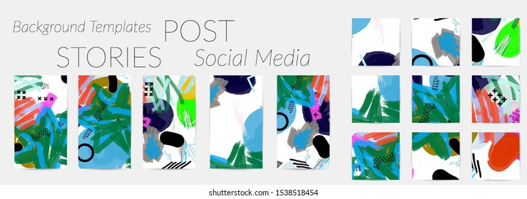 Creative backgrounds for social media. Editable story templates. Bright colored with hand drawn scribbles promotional backgrounds for social media apps.