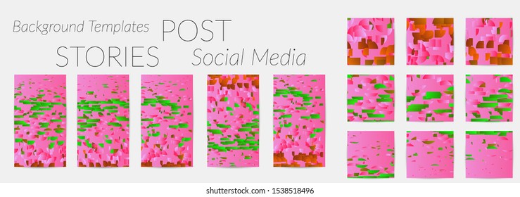 Creative backgrounds for social media. Editable story templates. Bright colored with gradient stripes or small particles promotional backgrounds for social media apps. Glitch effect.