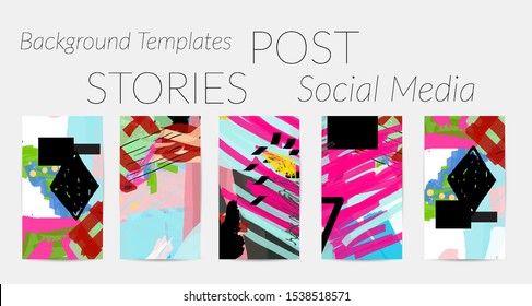 Creative backgrounds for social media. Editable story templates. Bright colored with hand drawn scribbles promotional backgrounds for social media apps.