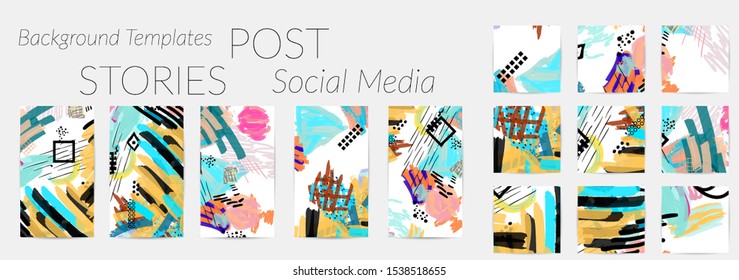 Creative backgrounds for social media. Editable story templates. Bright colored with hand drawn scribbles promotional backgrounds for social media apps.