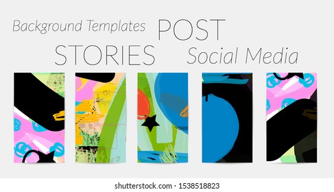 Creative backgrounds for social media. Editable story templates. Bright colored with hand drawn scribbles promotional backgrounds for social media apps.