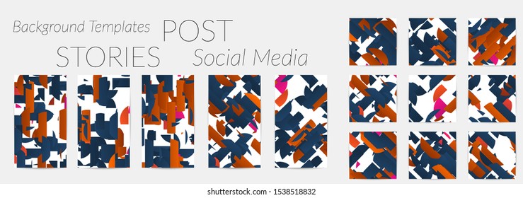 Creative backgrounds for social media. Editable story templates. Bright colored with gradient stripes or small particles promotional backgrounds for social media apps. Glitch effect.