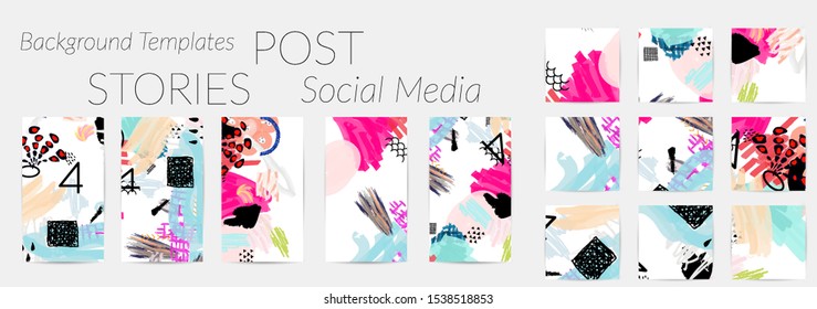 Creative backgrounds for social media. Editable story templates. Bright colored with hand drawn scribbles promotional backgrounds for social media apps.