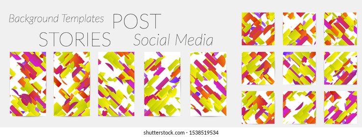 Creative backgrounds for social media. Editable story templates. Bright colored with gradient stripes or small particles promotional backgrounds for social media apps. Glitch effect.