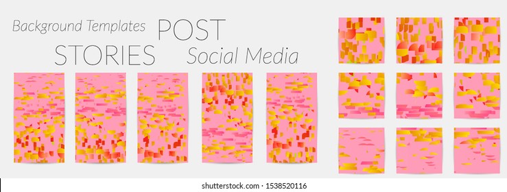 Creative backgrounds for social media. Editable story templates. Bright colored with gradient stripes or small particles promotional backgrounds for social media apps. Glitch effect.