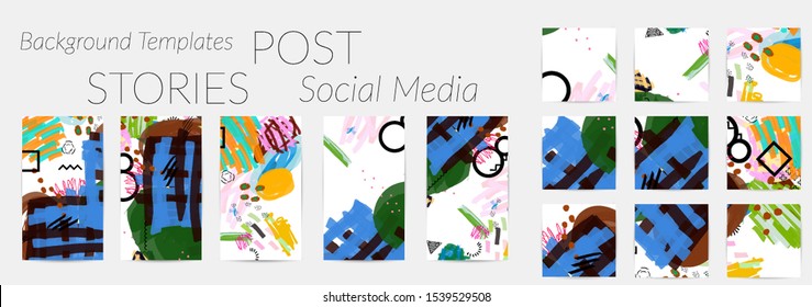 Creative backgrounds for social media. Editable story templates. Bright colored with hand drawn scribbles promotional backgrounds for social media apps.