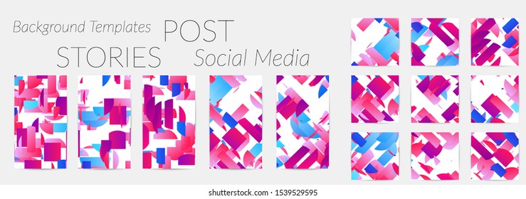 Creative backgrounds for social media. Editable story templates. Bright colored with gradient stripes or small particles promotional backgrounds for social media apps. Glitch effect.