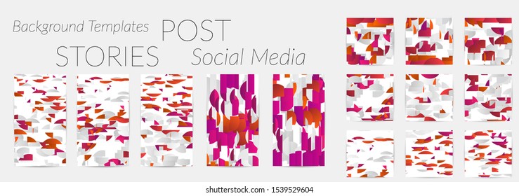 Creative backgrounds for social media. Editable story templates. Bright colored with gradient stripes or small particles promotional backgrounds for social media apps. Glitch effect.