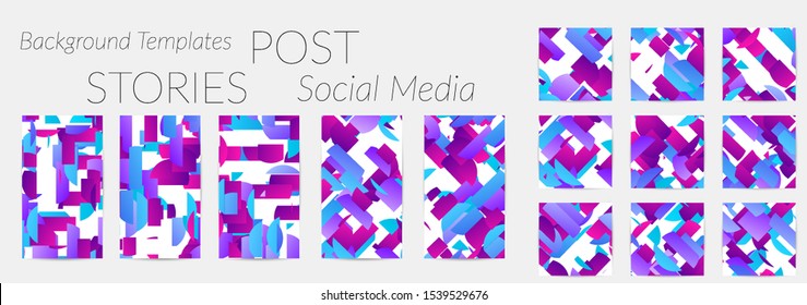 Creative backgrounds for social media. Editable story templates. Bright colored with gradient stripes or small particles promotional backgrounds for social media apps. Glitch effect.