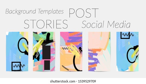 Creative backgrounds for social media. Editable story templates. Bright colored with hand drawn scribbles promotional backgrounds for social media apps.