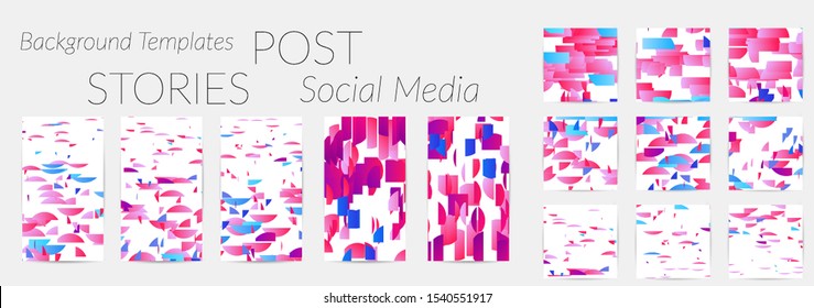 Creative backgrounds for social media. Editable story templates. Bright colored with gradient stripes or small particles promotional backgrounds for social media apps. Glitch effect.