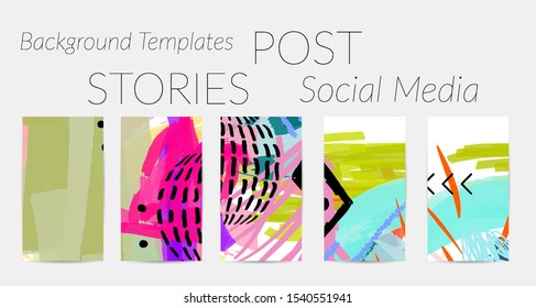 Creative backgrounds for social media. Editable story templates. Bright colored with hand drawn scribbles promotional backgrounds for social media apps.