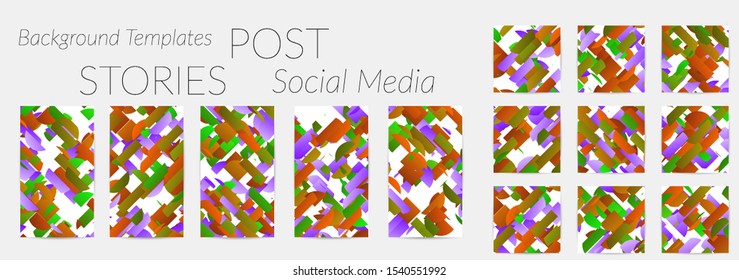 Creative backgrounds for social media. Editable story templates. Bright colored with gradient stripes or small particles promotional backgrounds for social media apps. Glitch effect.