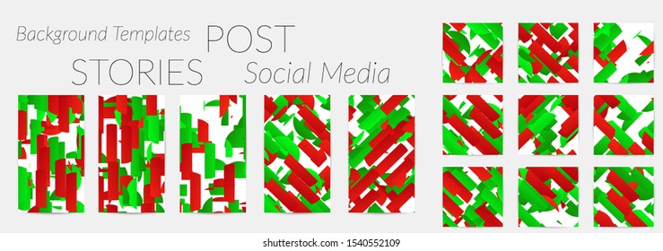Creative backgrounds for social media. Editable story templates. Bright colored with gradient stripes or small particles promotional backgrounds for social media apps. Glitch effect.