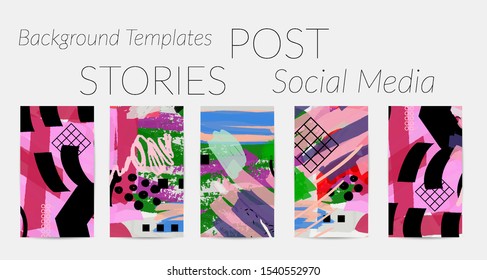 Creative backgrounds for social media. Editable story templates. Bright colored with hand drawn scribbles promotional backgrounds for social media apps.