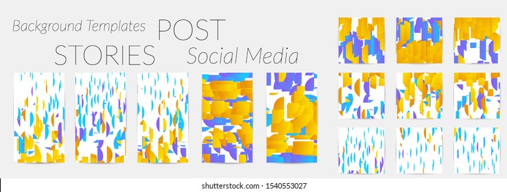 Creative backgrounds for social media. Editable story templates. Bright colored with gradient stripes or small particles promotional backgrounds for social media apps. Glitch effect.