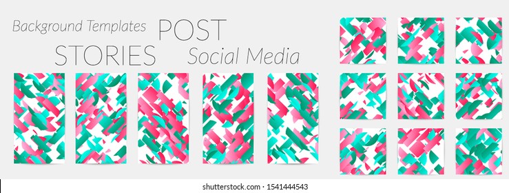 Creative backgrounds for social media. Editable story templates. Bright colored with gradient stripes or small particles promotional backgrounds for social media apps. Glitch effect.