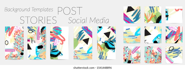 Creative backgrounds for social media. Editable story templates. Bright colored with hand drawn scribbles promotional backgrounds for social media apps.