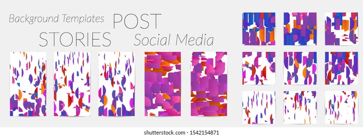 Creative backgrounds for social media. Editable story templates. Bright colored with gradient stripes or small particles promotional backgrounds for social media apps. Glitch effect.