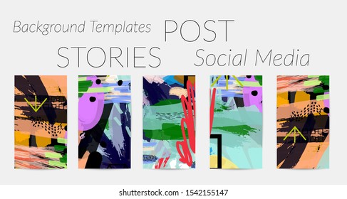 Creative backgrounds for social media. Editable story templates. Bright colored with hand drawn scribbles promotional backgrounds for social media apps.