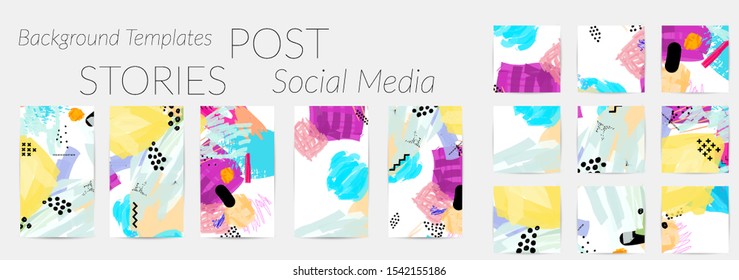 Creative backgrounds for social media. Editable story templates. Bright colored with hand drawn scribbles promotional backgrounds for social media apps.