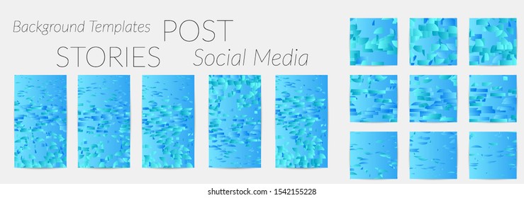 Creative backgrounds for social media. Editable story templates. Bright colored with gradient stripes or small particles promotional backgrounds for social media apps. Glitch effect.