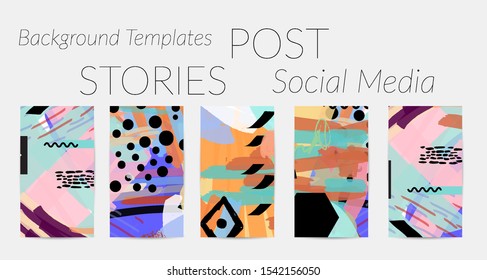 Creative backgrounds for social media. Editable story templates. Bright colored with hand drawn scribbles promotional backgrounds for social media apps.