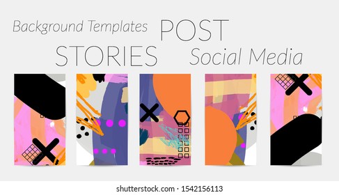 Creative backgrounds for social media. Editable story templates. Bright colored with hand drawn scribbles promotional backgrounds for social media apps.