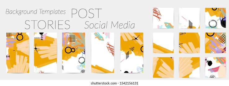 Creative backgrounds for social media. Editable story templates. Bright colored with hand drawn scribbles promotional backgrounds for social media apps.