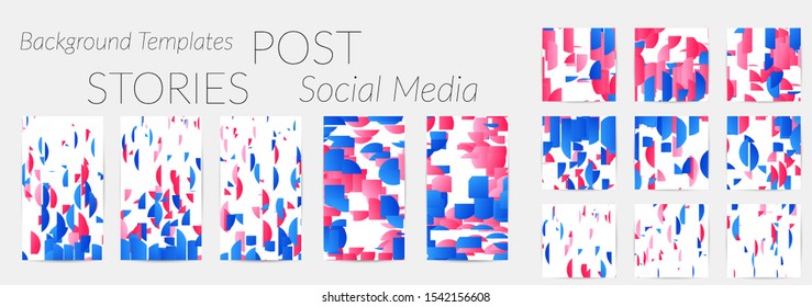 Creative backgrounds for social media. Editable story templates. Bright colored with gradient stripes or small particles promotional backgrounds for social media apps. Glitch effect.