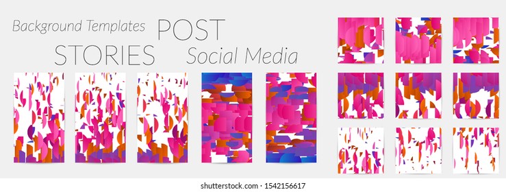 Creative backgrounds for social media. Editable story templates. Bright colored with gradient stripes or small particles promotional backgrounds for social media apps. Glitch effect.
