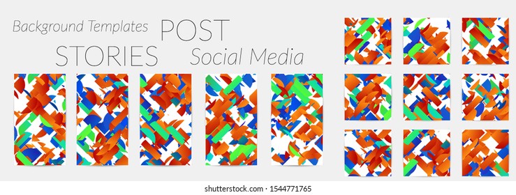 Creative backgrounds for social media. Editable story templates. Bright colored with gradient stripes or small particles promotional backgrounds for social media apps. Glitch effect.