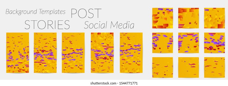 Creative backgrounds for social media. Editable story templates. Bright colored with gradient stripes or small particles promotional backgrounds for social media apps. Glitch effect.