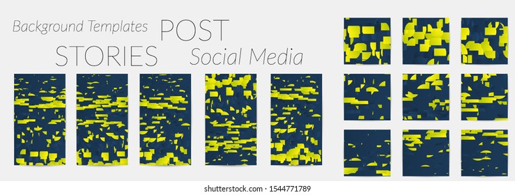 Creative backgrounds for social media. Editable story templates. Bright colored with gradient stripes or small particles promotional backgrounds for social media apps. Glitch effect.