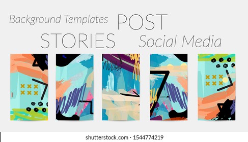 Creative backgrounds for social media. Editable story templates. Bright colored with hand drawn scribbles promotional backgrounds for social media apps.