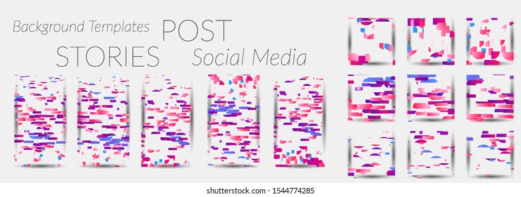 Creative backgrounds for social media. Editable story templates. Bright colored with gradient stripes or small particles promotional backgrounds for social media apps. Glitch effect.