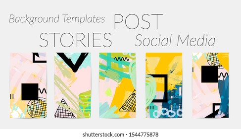 Creative backgrounds for social media. Editable story templates. Bright colored with hand drawn scribbles promotional backgrounds for social media apps.