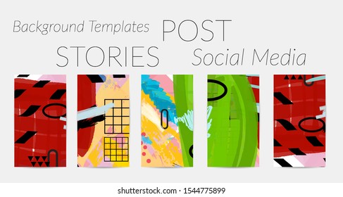 Creative backgrounds for social media. Editable story templates. Bright colored with hand drawn scribbles promotional backgrounds for social media apps.