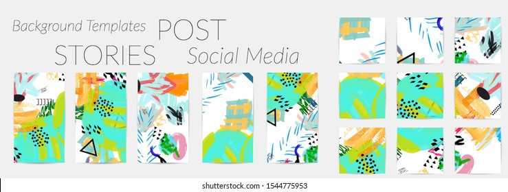 Creative backgrounds for social media. Editable story templates. Bright colored with hand drawn scribbles promotional backgrounds for social media apps.