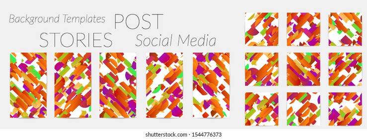 Creative backgrounds for social media. Editable story templates. Bright colored with gradient stripes or small particles promotional backgrounds for social media apps. Glitch effect.